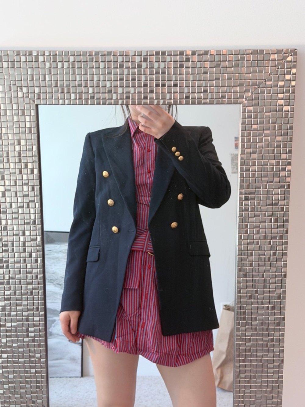 Zara Navy Single-Breasted Jacket with Contrasting Lining